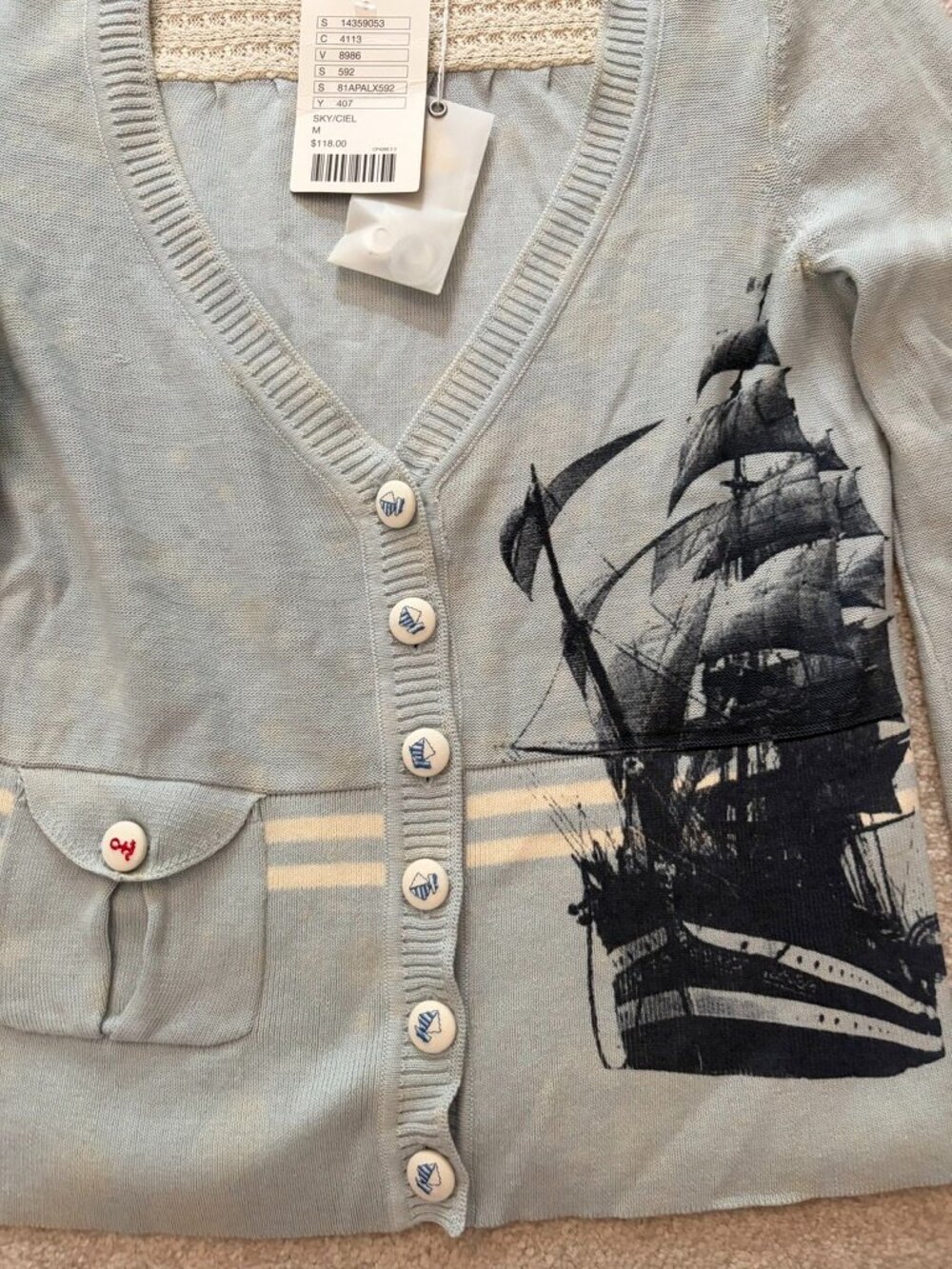 NWT Moth Anthropologie Nautical Ship Cardigan Sweater | Size M | Sky Blue - Picture 2 of 9